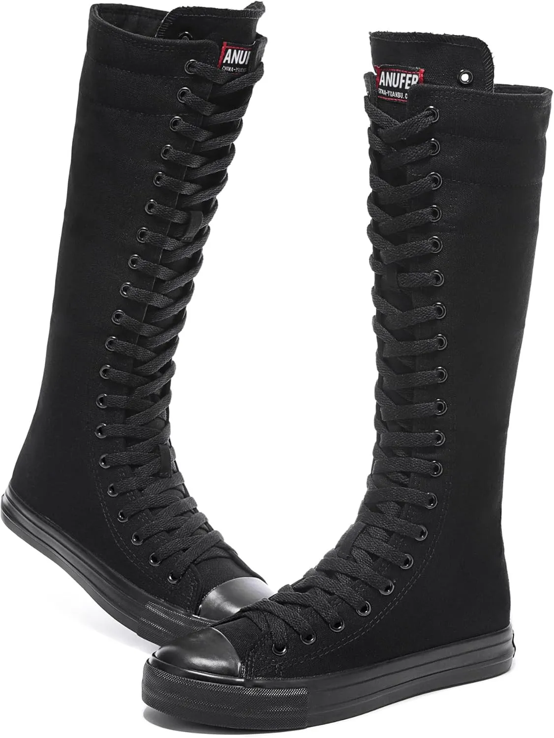 rismart Women's Canvas Sneakers Knee Length High Top Side Zip School Cheergirls Long Boots