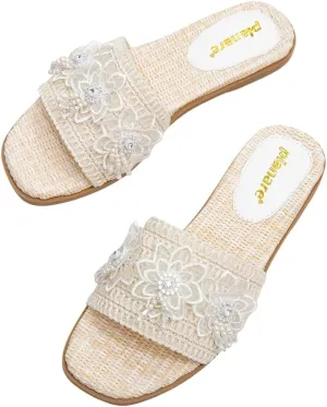 Romantic Woven Mules for Women – Pearl-Embroidered Lace Flower Straps with Gold Lettering, Comfortable Flat Sandals for Vacation, Shopping & Summer Outings