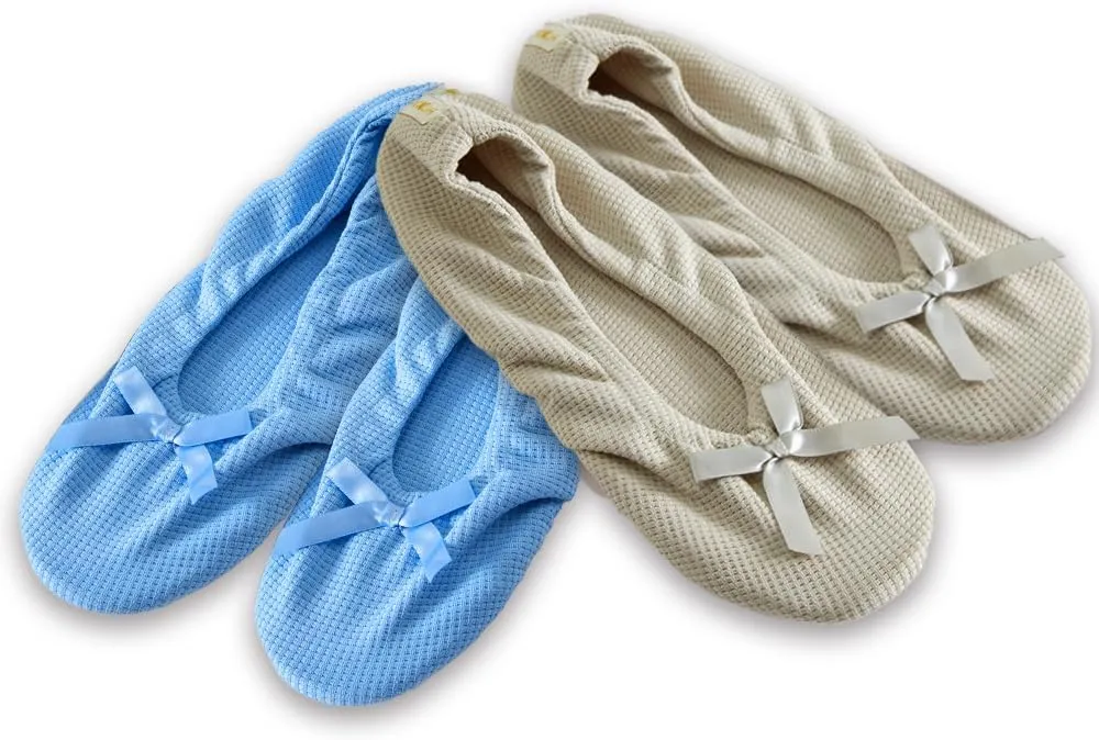 Roxoni Women's Flat Slip On Terry Classic Cotton & Velour Ballerina Slippers (Pack of 2)