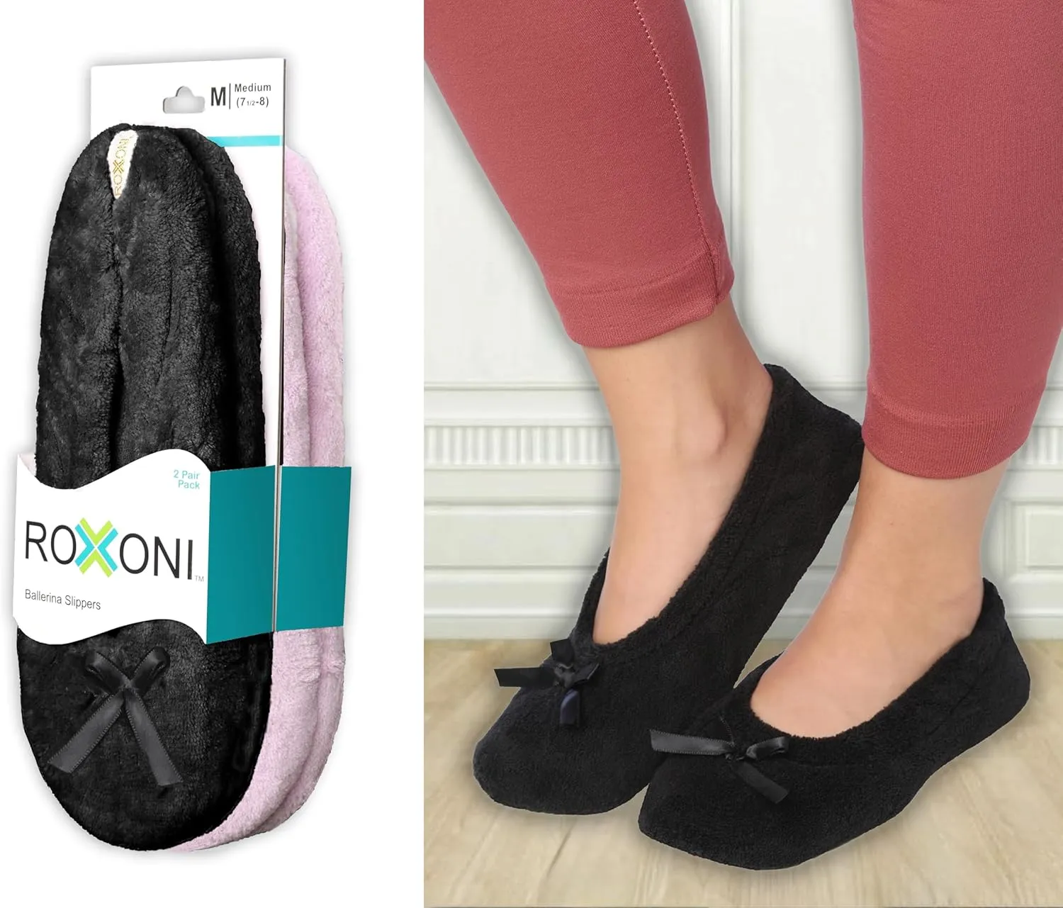 Roxoni Women's Terry Classic Cotton & Velour Ballerina Slippers (Pack of 2)