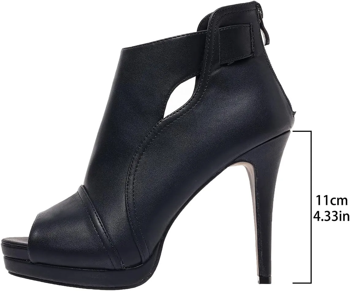 SACFOF Women's Stiletto High Heels Boots Round Toe Cutout Peep Toe Platform Sandals Dress Sexy Ankle Boot with Back Zipper