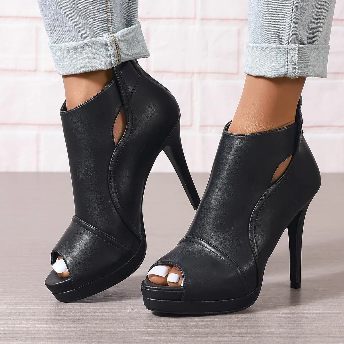 SACFOF Women's Stiletto High Heels Boots Round Toe Cutout Peep Toe Platform Sandals Dress Sexy Ankle Boot with Back Zipper