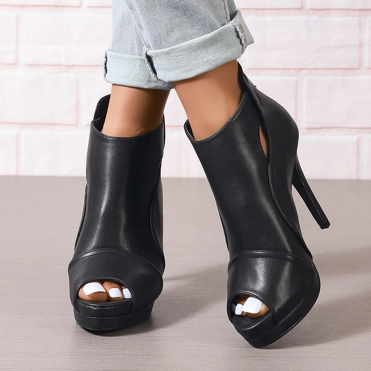 SACFOF Women's Stiletto High Heels Boots Round Toe Cutout Peep Toe Platform Sandals Dress Sexy Ankle Boot with Back Zipper