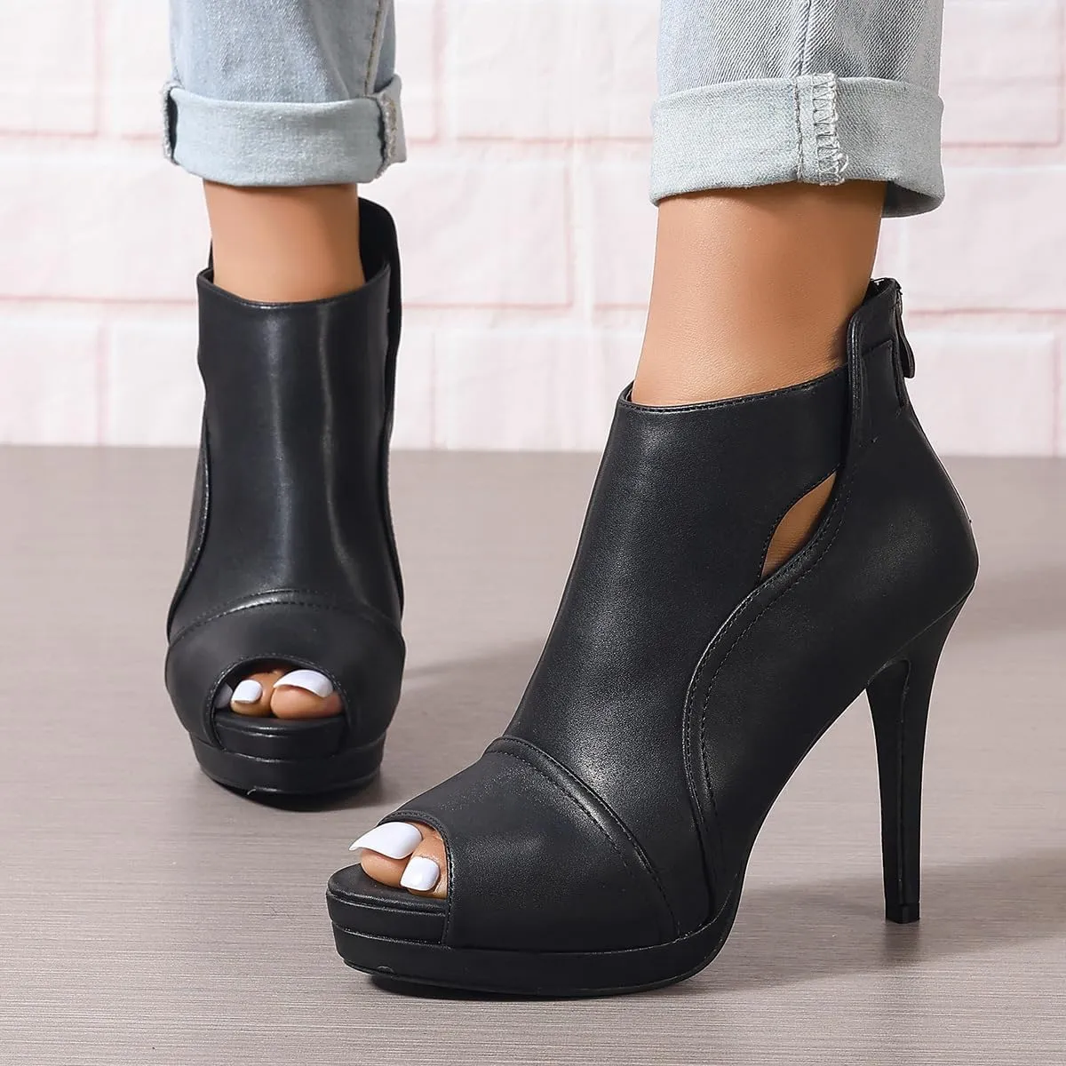 SACFOF Women's Stiletto High Heels Boots Round Toe Cutout Peep Toe Platform Sandals Dress Sexy Ankle Boot with Back Zipper