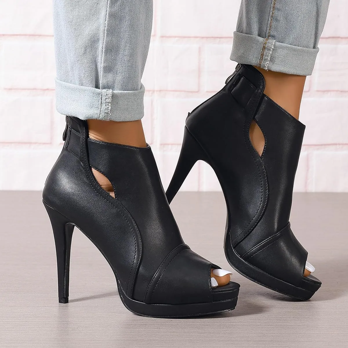 SACFOF Women's Stiletto High Heels Boots Round Toe Cutout Peep Toe Platform Sandals Dress Sexy Ankle Boot with Back Zipper