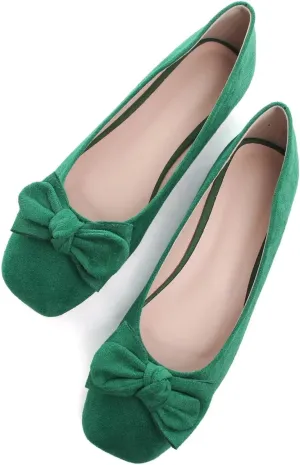 SAILING LU Cute Bow Black Ballet Flats Suede Dress Shoes for Women Comfortable Dressy Square Toe Walking Flats Shoes Slip Ons Business Casual