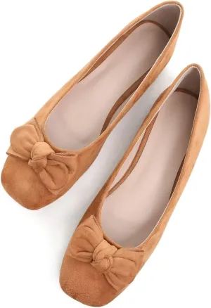 SAILING LU Cute Bow Black Ballet Flats Suede Dress Shoes for Women Comfortable Dressy Square Toe Walking Flats Shoes Slip Ons Business Casual