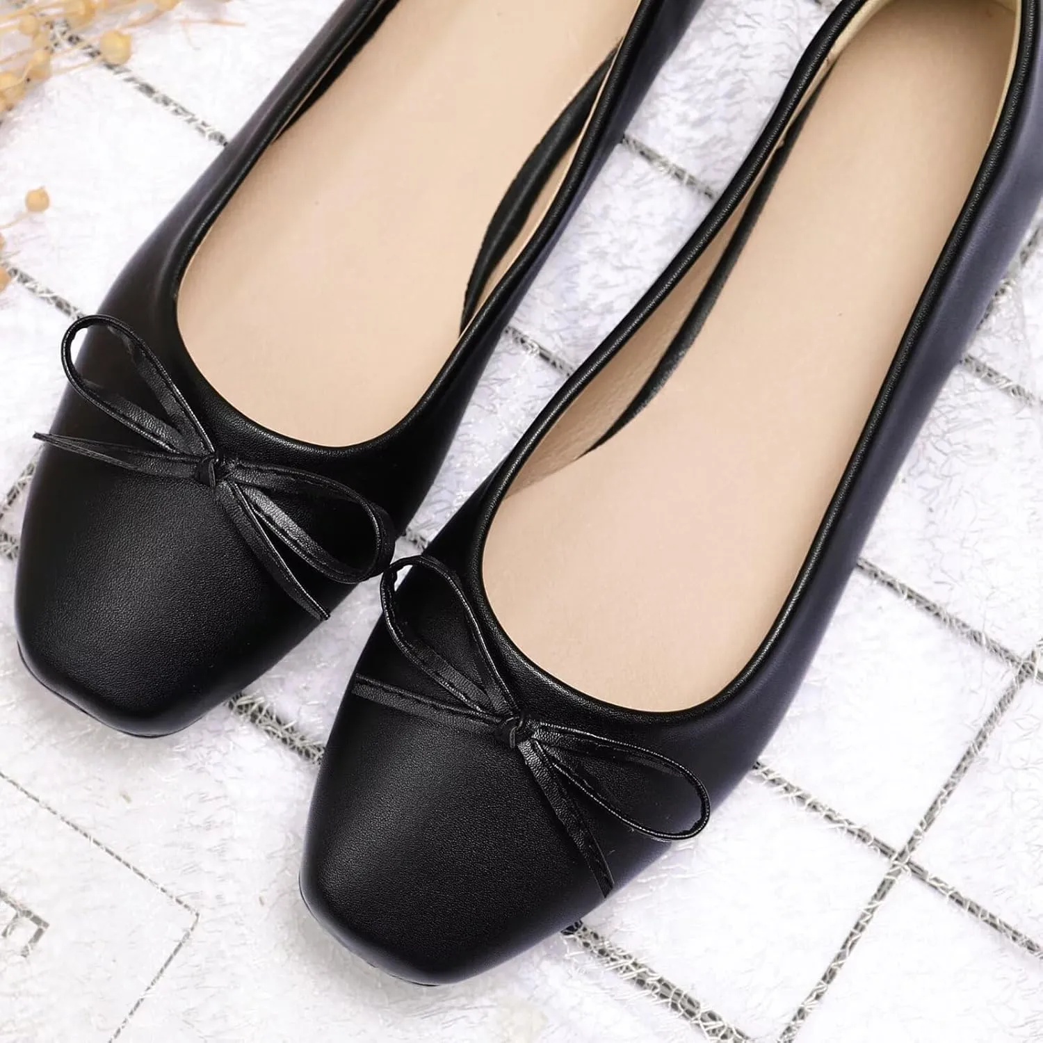 SAILING LU Women PU Leather Square Toe Ballets Flats Bowtie Slip on Comfortable Foldable Ballerian Flat Shoes