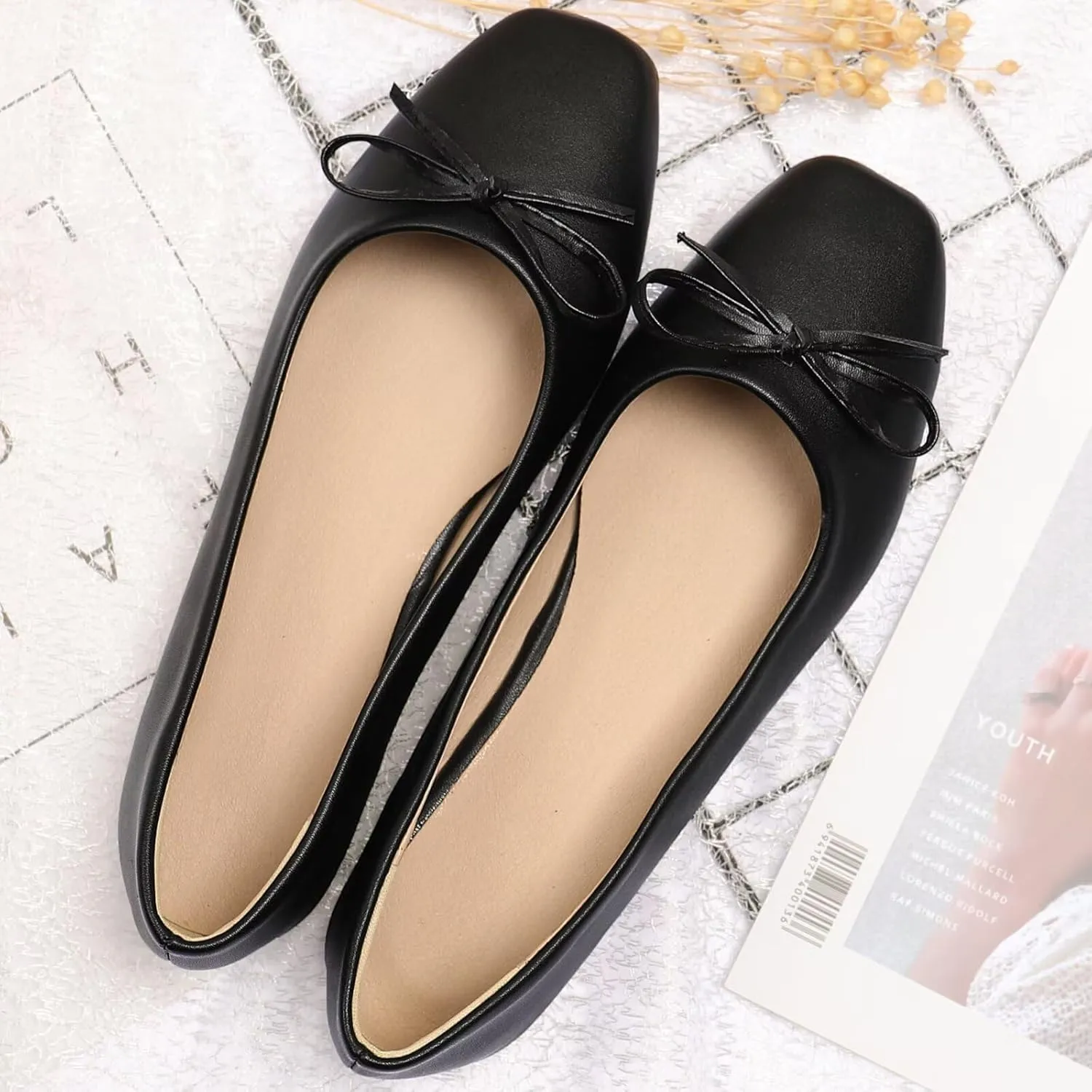 SAILING LU Women PU Leather Square Toe Ballets Flats Bowtie Slip on Comfortable Foldable Ballerian Flat Shoes