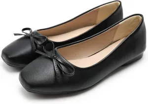 SAILING LU Women PU Leather Square Toe Ballets Flats Bowtie Slip on Comfortable Foldable Ballerian Flat Shoes