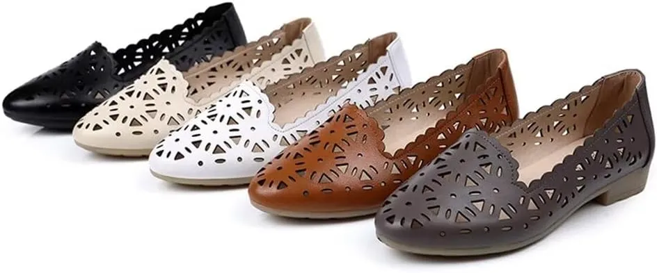 SAILING LU Women's Floral Ballet Flats for Women Black Beige Slip On Flowers Hollow Out Round Toe Dress Shoes