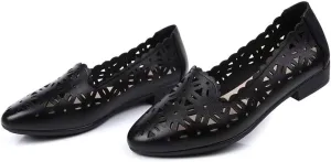 SAILING LU Women's Floral Ballet Flats for Women Black Beige Slip On Flowers Hollow Out Round Toe Dress Shoes