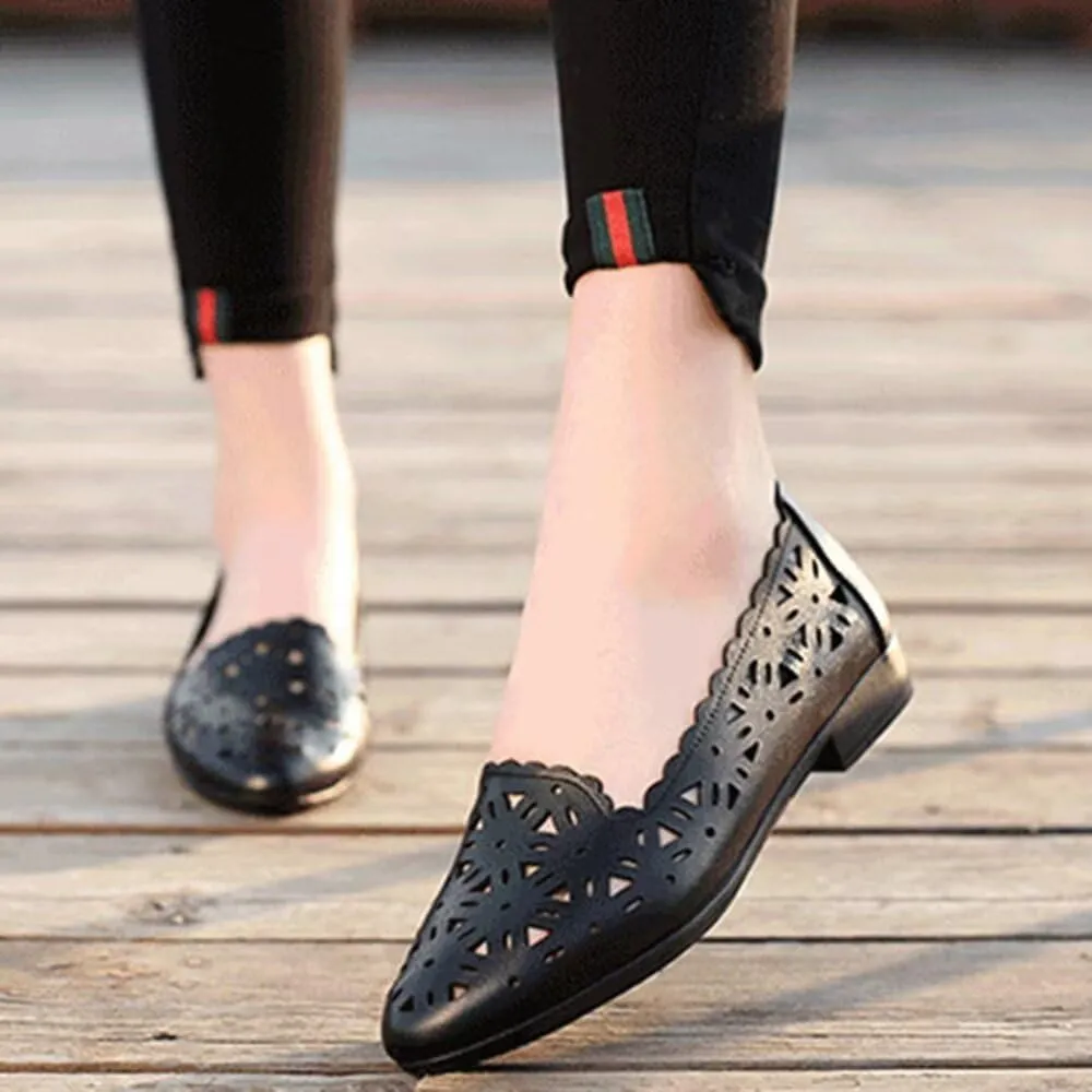 SAILING LU Women's Floral Ballet Flats for Women Black Beige Slip On Flowers Hollow Out Round Toe Dress Shoes