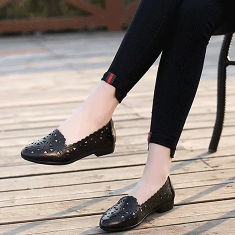 SAILING LU Women's Floral Ballet Flats for Women Black Beige Slip On Flowers Hollow Out Round Toe Dress Shoes