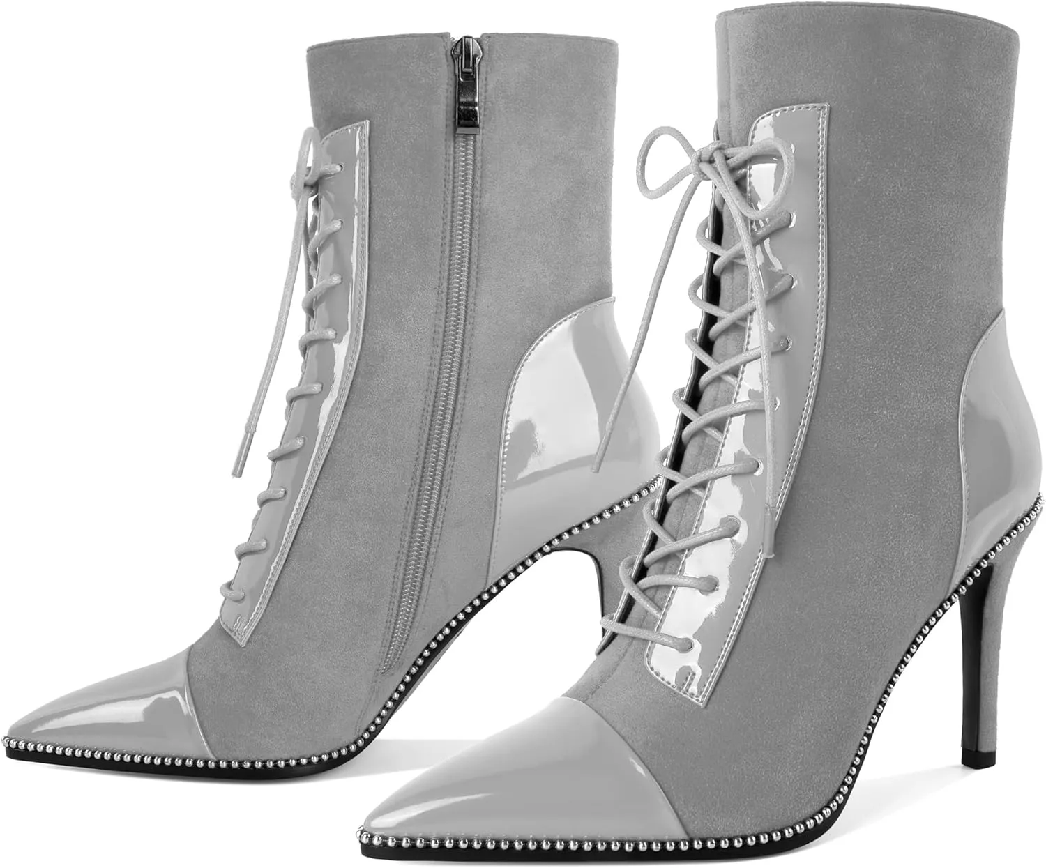 SAMMITOP Women's Lace Up Ankle Boots High Stiletto Heel Pointy Toe Fashion Heeled Booties Silver Beaded Side Zipper Short Boots Shoes 4 Inch