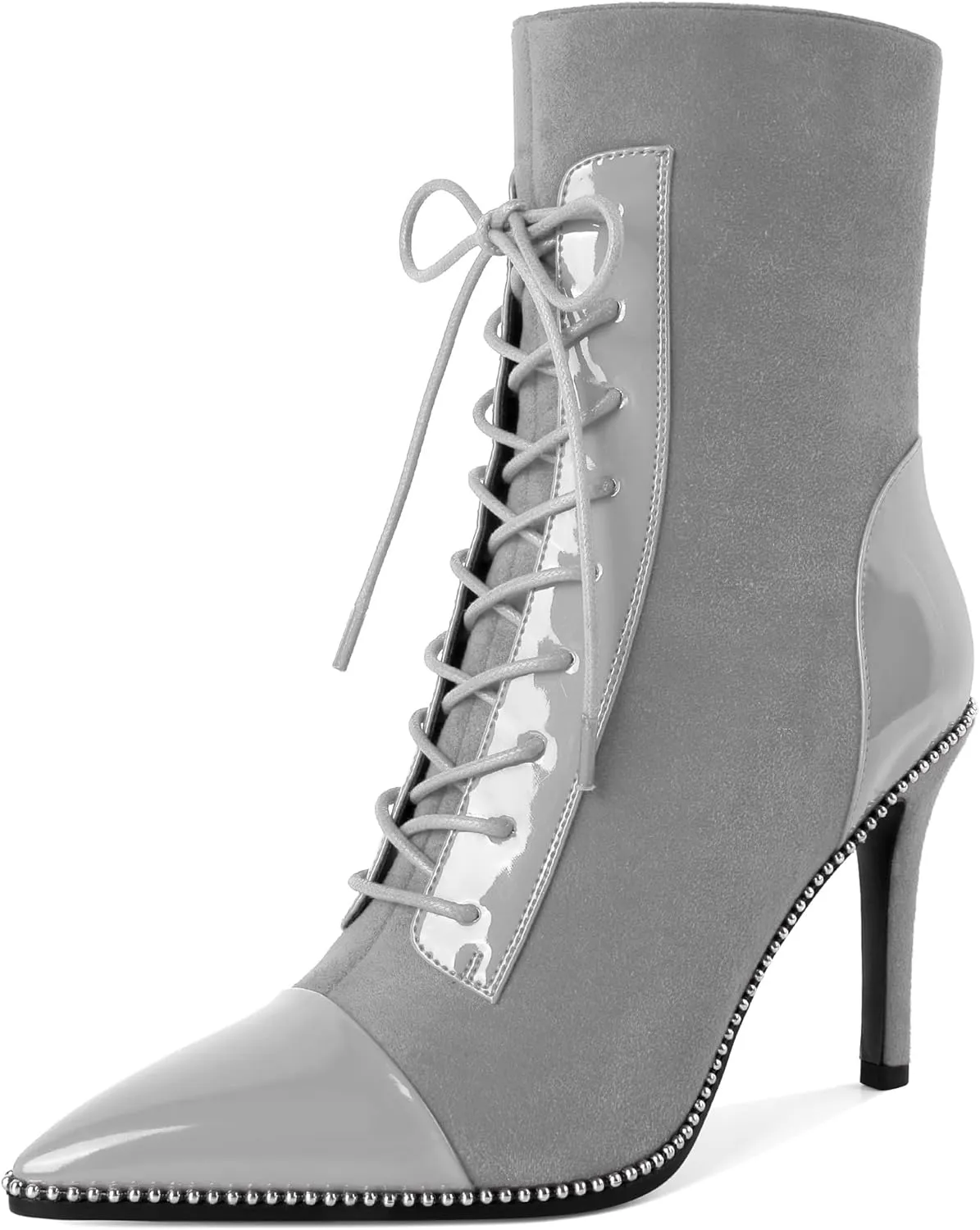 SAMMITOP Women's Lace Up Ankle Boots High Stiletto Heel Pointy Toe Fashion Heeled Booties Silver Beaded Side Zipper Short Boots Shoes 4 Inch