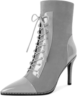 SAMMITOP Women's Lace Up Ankle Boots High Stiletto Heel Pointy Toe Fashion Heeled Booties Silver Beaded Side Zipper Short Boots Shoes 4 Inch