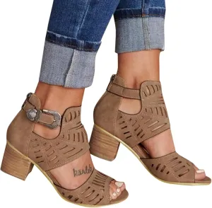 Sandals Women Dressy Summer, Sandals for Women Suede Peep Toe Ankle Booties Cut Out Stacked Heel Ankle Boots