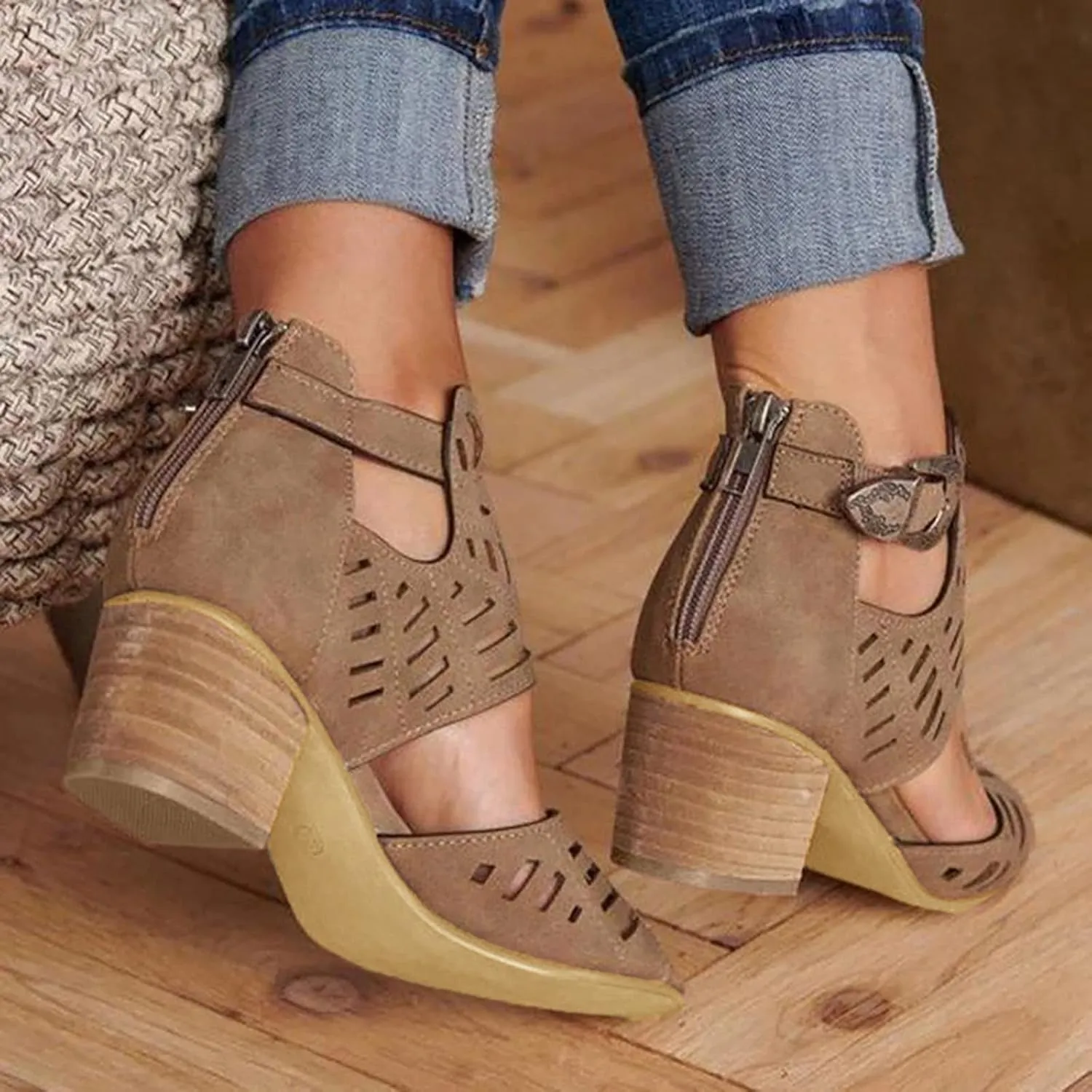Sandals Women Dressy Summer, Sandals for Women Suede Peep Toe Ankle Booties Cut Out Stacked Heel Ankle Boots