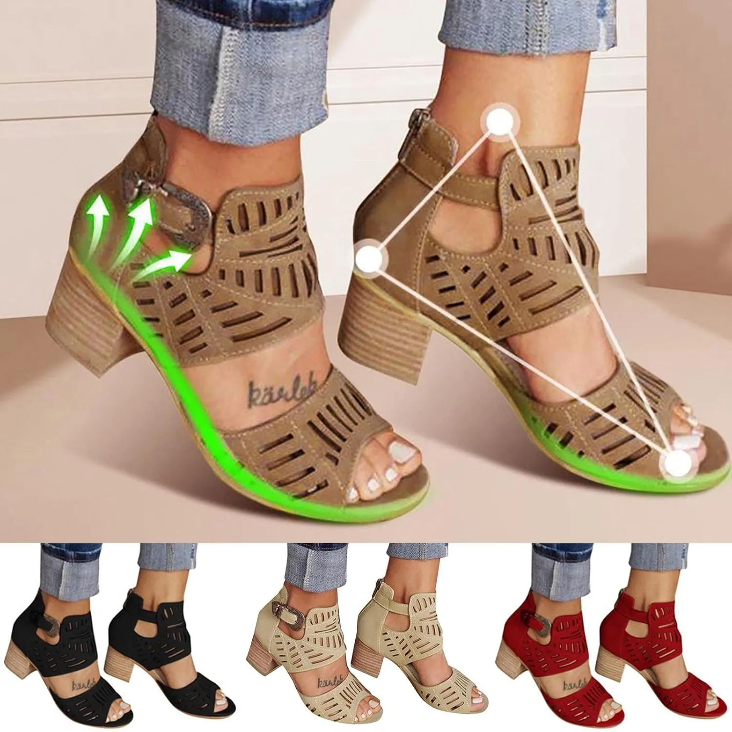 Sandals Women Dressy Summer, Sandals for Women Suede Peep Toe Ankle Booties Cut Out Stacked Heel Ankle Boots