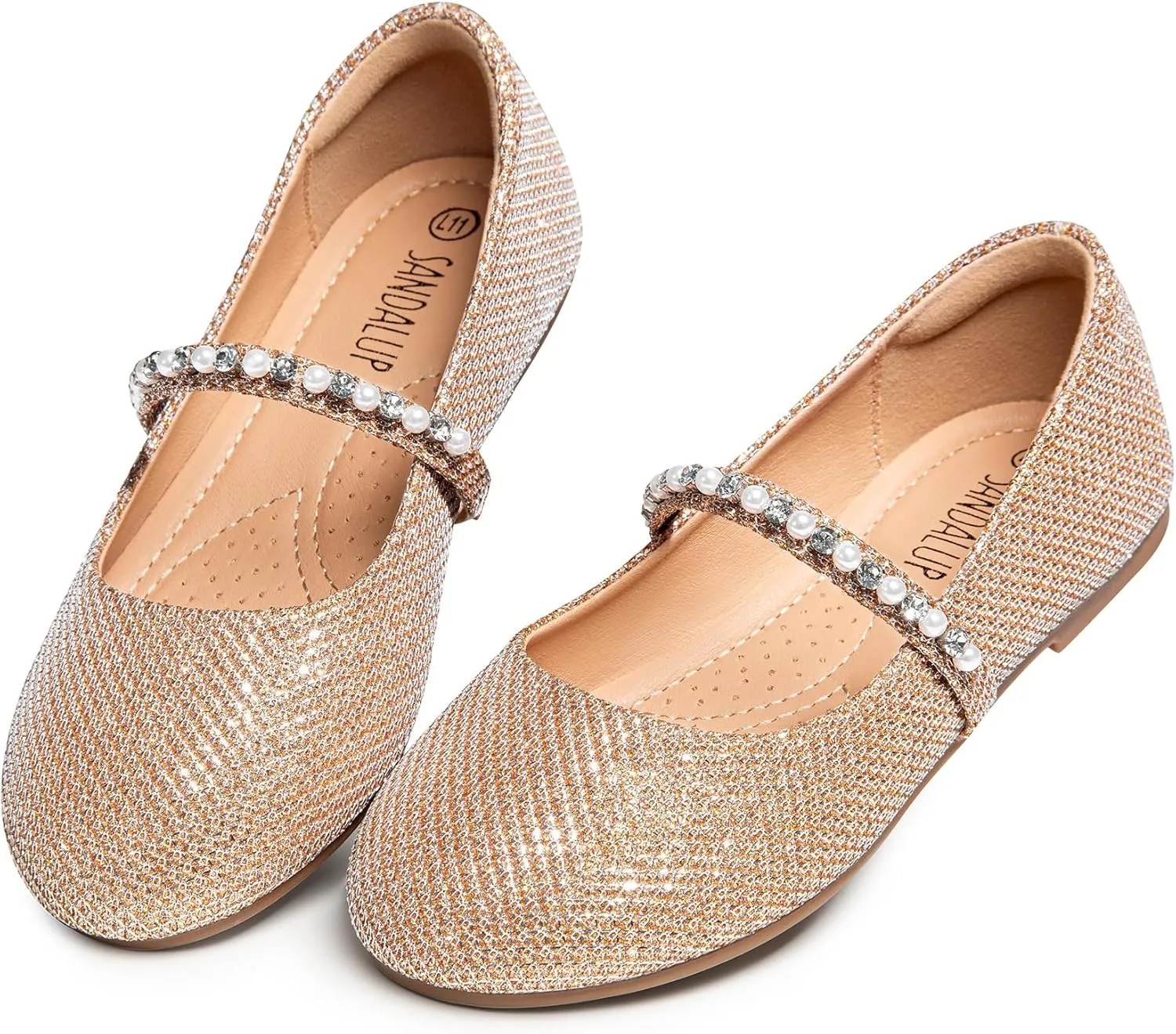 SANDALUP Little Girls Dress Shoes Mary Jane Ballerina Flat Shoes for Wedding Party School with Pearl Rhinestone Strap
