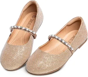 SANDALUP Little Girls Dress Shoes Mary Jane Ballerina Flat Shoes for Wedding Party School with Pearl Rhinestone Strap