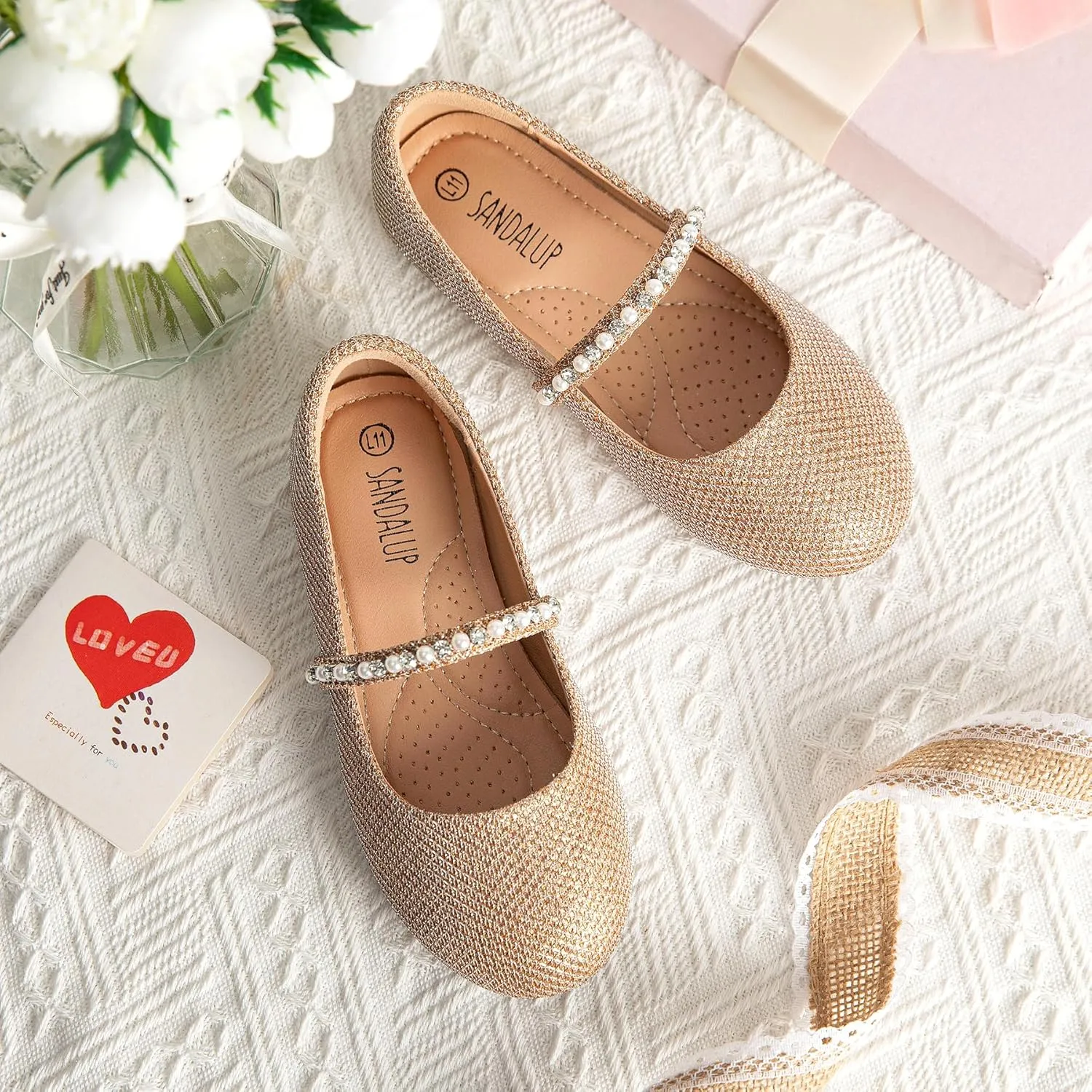 SANDALUP Little Girls Dress Shoes Mary Jane Ballerina Flat Shoes for Wedding Party School with Pearl Rhinestone Strap