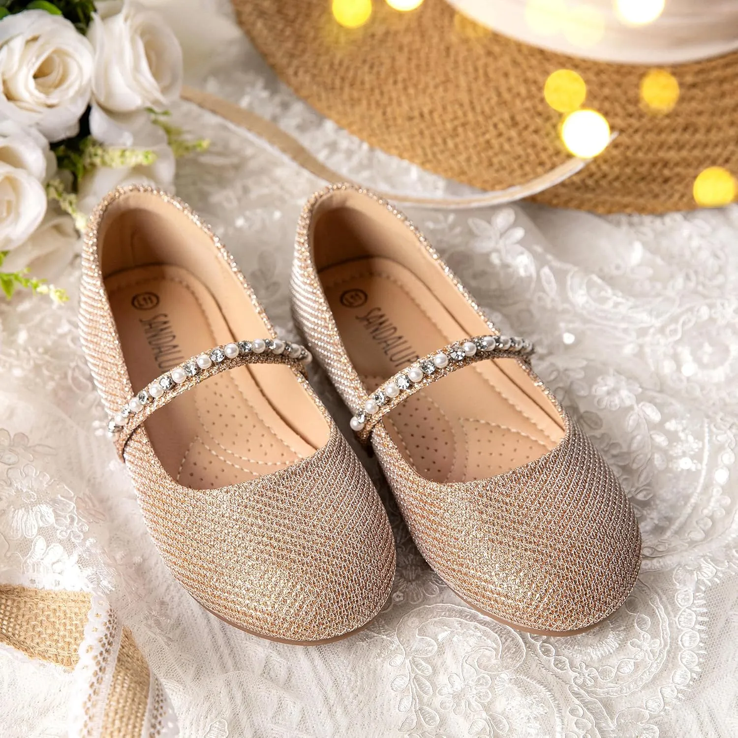 SANDALUP Little Girls Dress Shoes Mary Jane Ballerina Flat Shoes for Wedding Party School with Pearl Rhinestone Strap