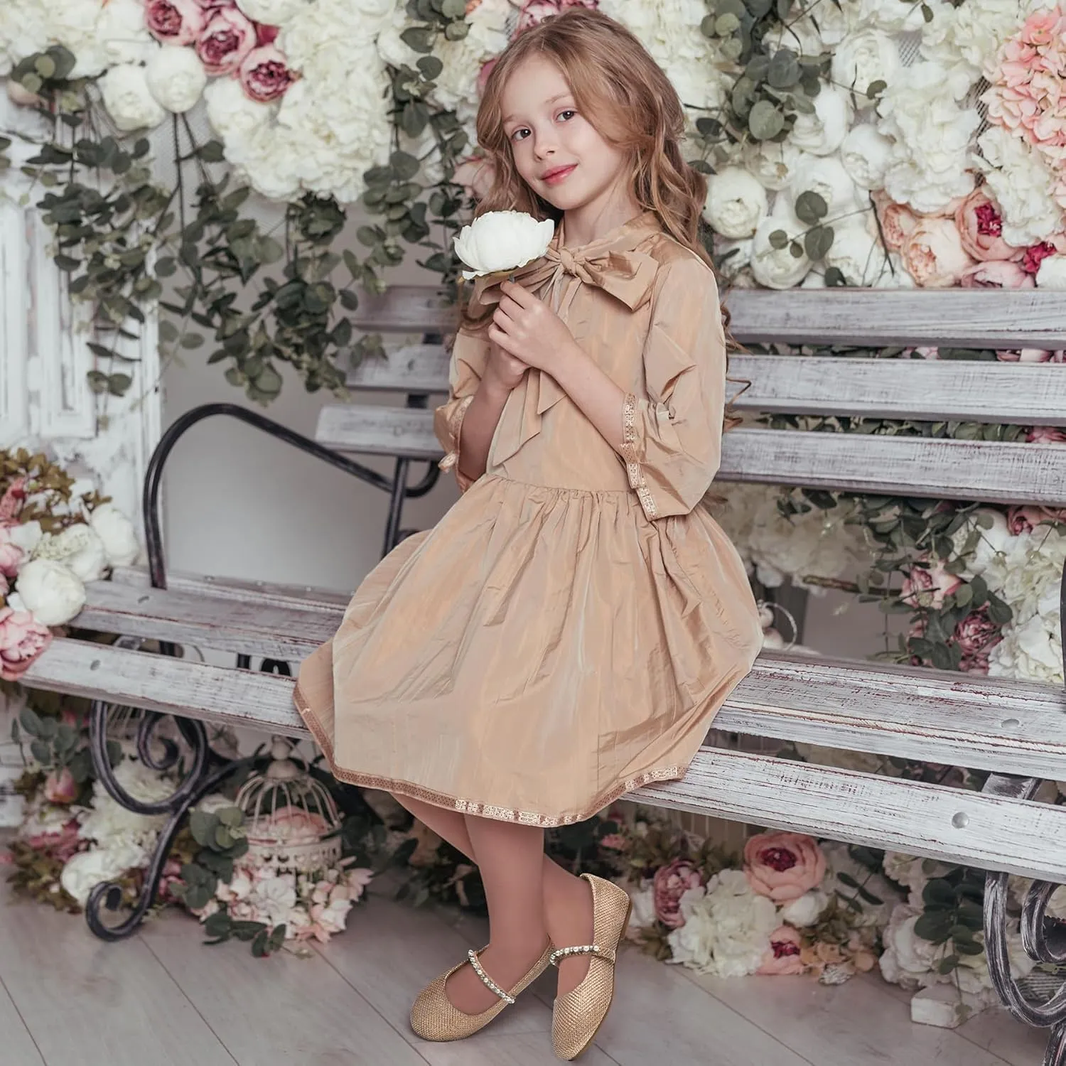 SANDALUP Little Girls Dress Shoes Mary Jane Ballerina Flat Shoes for Wedding Party School with Pearl Rhinestone Strap