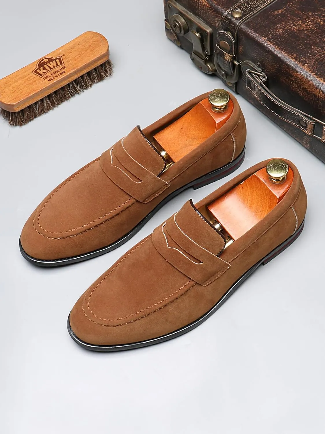 Santimon Penny Loafers for Men, PU Velvet Leather, Moc Toe, Slip-On Dress Casual Office Shoes