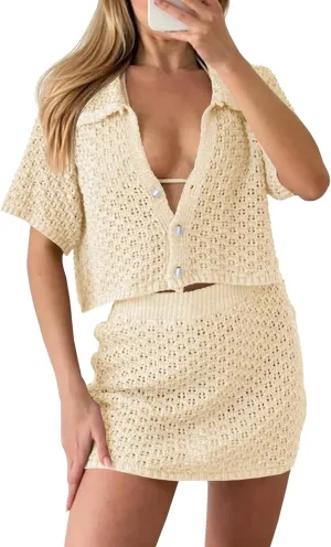 Saodimallsu Women 2 Piece Cover Up Set Crochet Beach Summer Knit Button Short Sleeve Crop Top Mini Skirt Sets