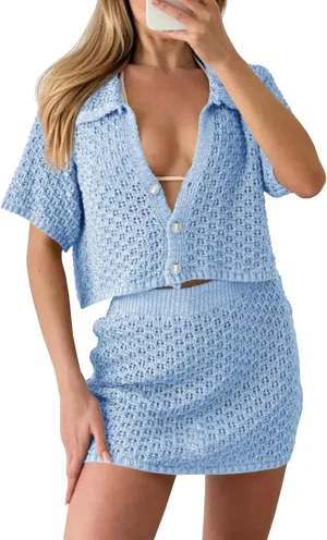 Saodimallsu Women 2 Piece Cover Up Set Crochet Beach Summer Knit Button Short Sleeve Crop Top Mini Skirt Sets