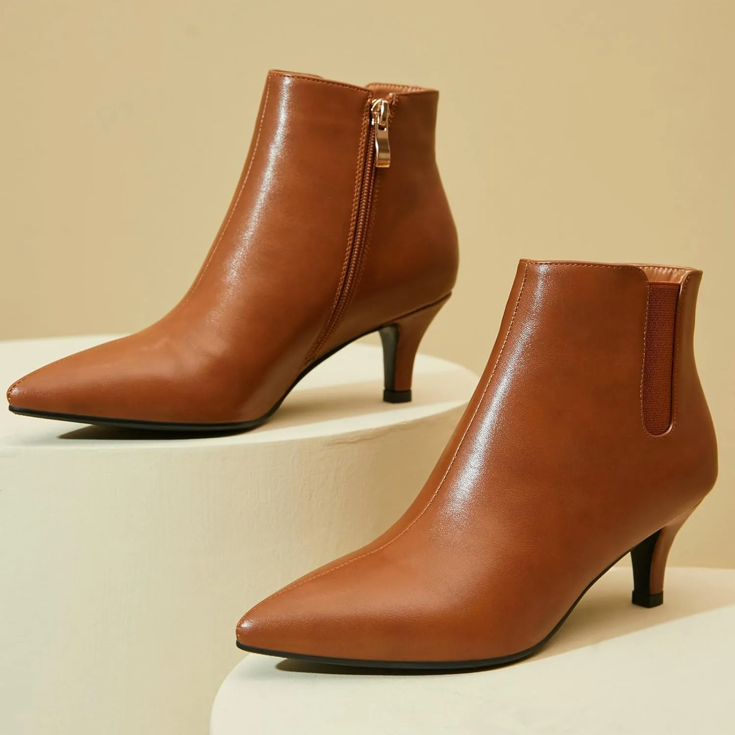 Seborluys Women's Pointed Toe Ankle Boots Elastic Chunky Block Mid Heel Western Chelsea Booties with Side Zip