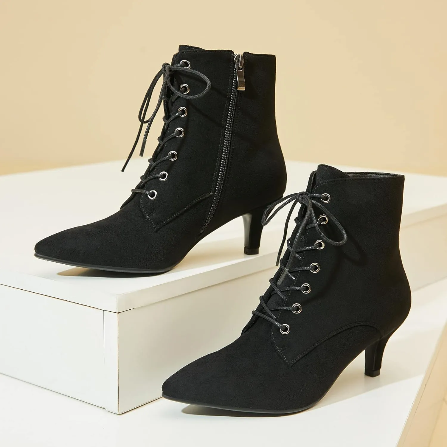 SEIFIN Women's Kitten Heels Lace Up Ankle Boots Low Mid Heeled Side Zipper Short Booties Pointed-toe Shoes