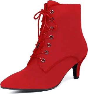 SEIFIN Women's Kitten Heels Lace Up Ankle Boots Low Mid Heeled Side Zipper Short Booties Pointed-toe Shoes