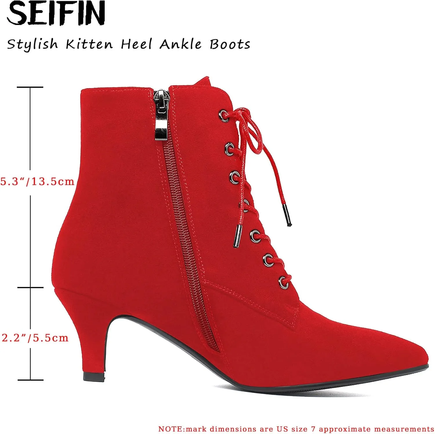 SEIFIN Women's Kitten Heels Lace Up Ankle Boots Low Mid Heeled Side Zipper Short Booties Pointed-toe Shoes