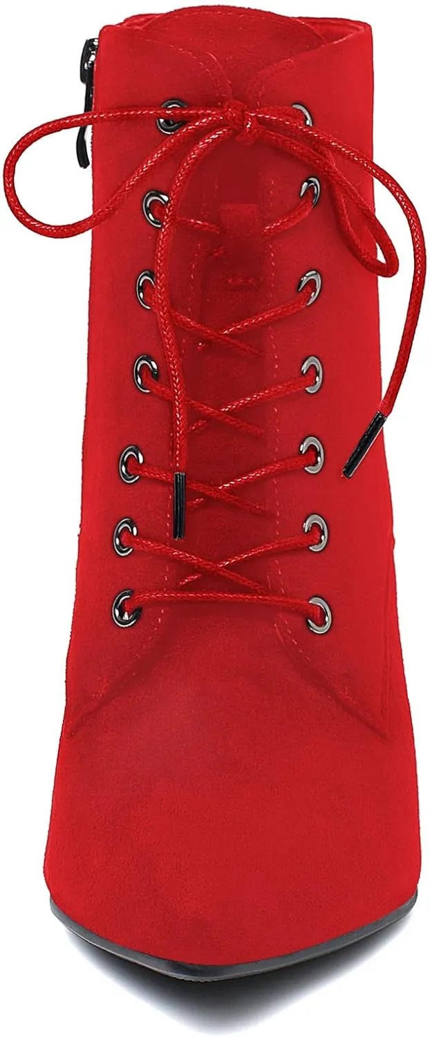 SEIFIN Women's Kitten Heels Lace Up Ankle Boots Low Mid Heeled Side Zipper Short Booties Pointed-toe Shoes