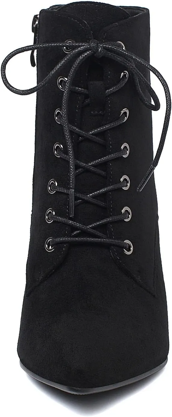 SEIFIN Women's Kitten Heels Lace Up Ankle Boots Low Mid Heeled Side Zipper Short Booties Pointed-toe Shoes