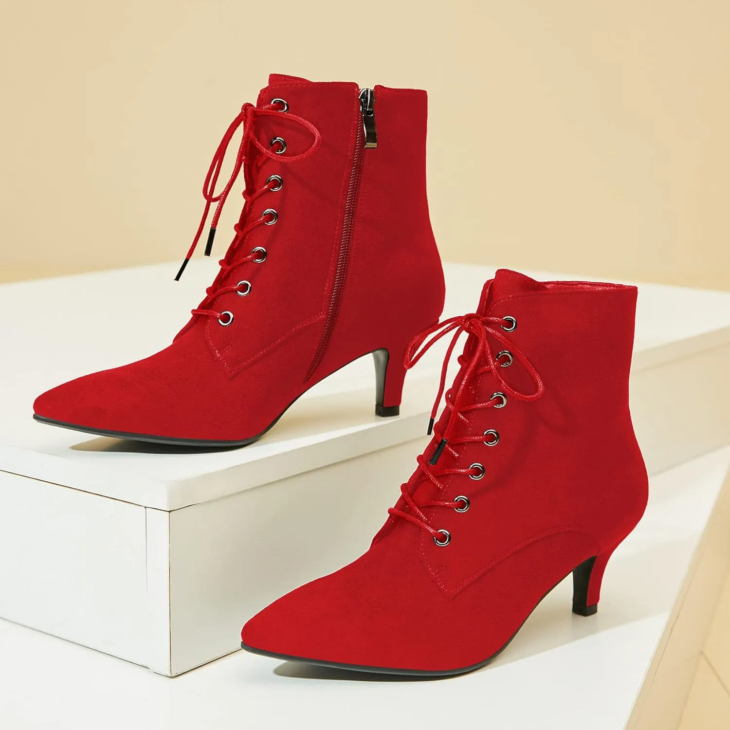 SEIFIN Women's Kitten Heels Lace Up Ankle Boots Low Mid Heeled Side Zipper Short Booties Pointed-toe Shoes