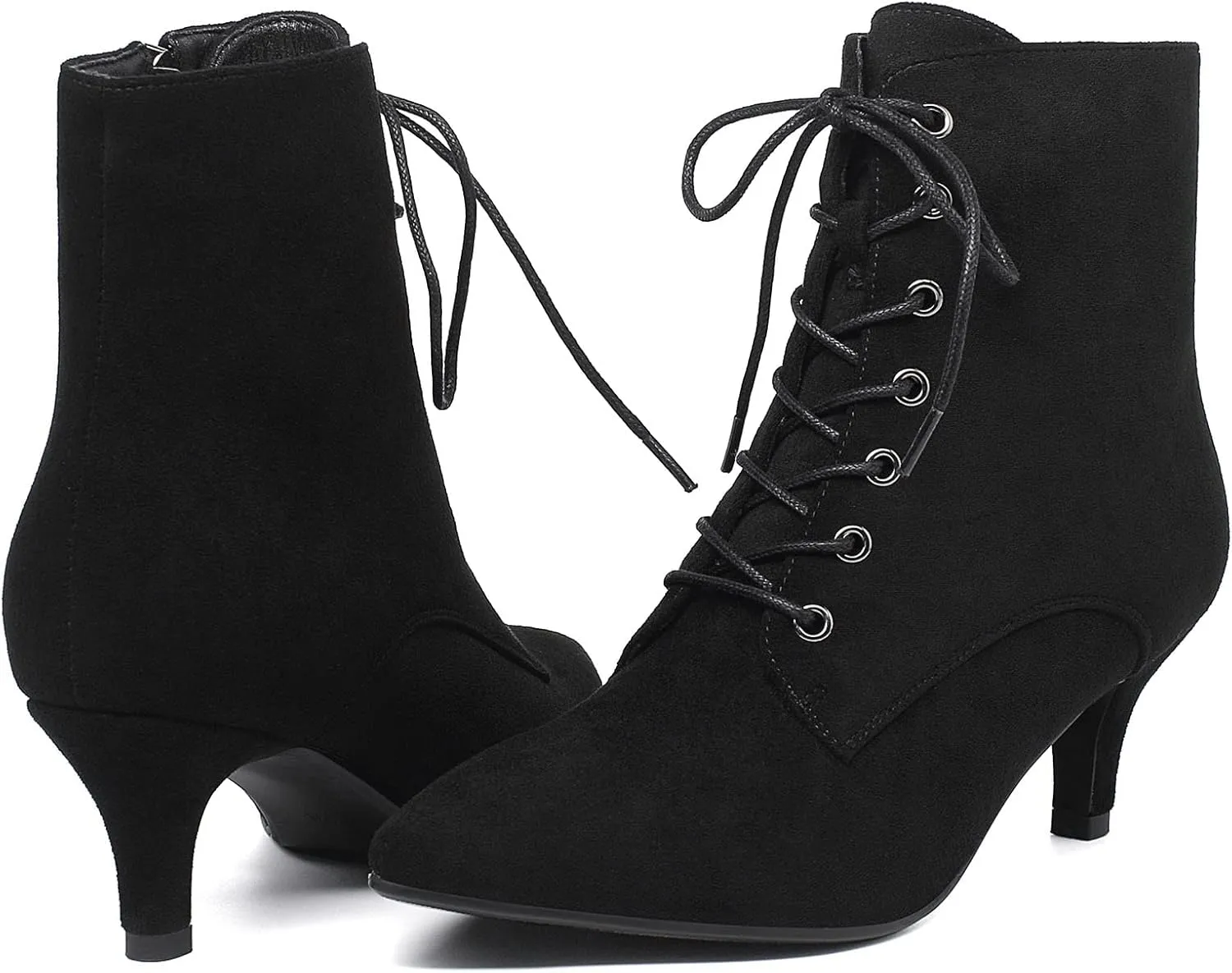 SEIFIN Women's Kitten Heels Lace Up Ankle Boots Low Mid Heeled Side Zipper Short Booties Pointed-toe Shoes