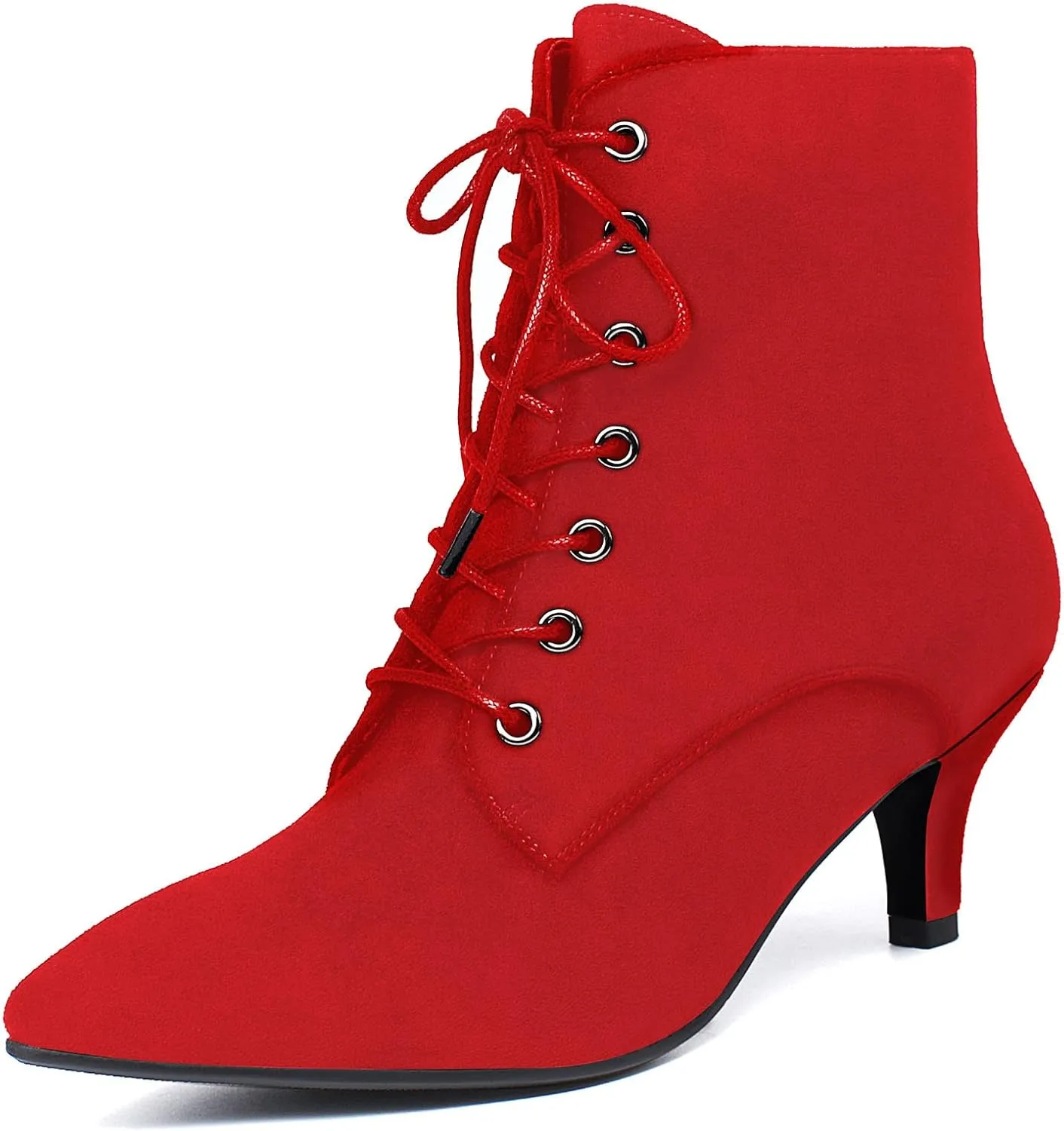 SEIFIN Women's Kitten Heels Lace Up Ankle Boots Low Mid Heeled Side Zipper Short Booties Pointed-toe Shoes