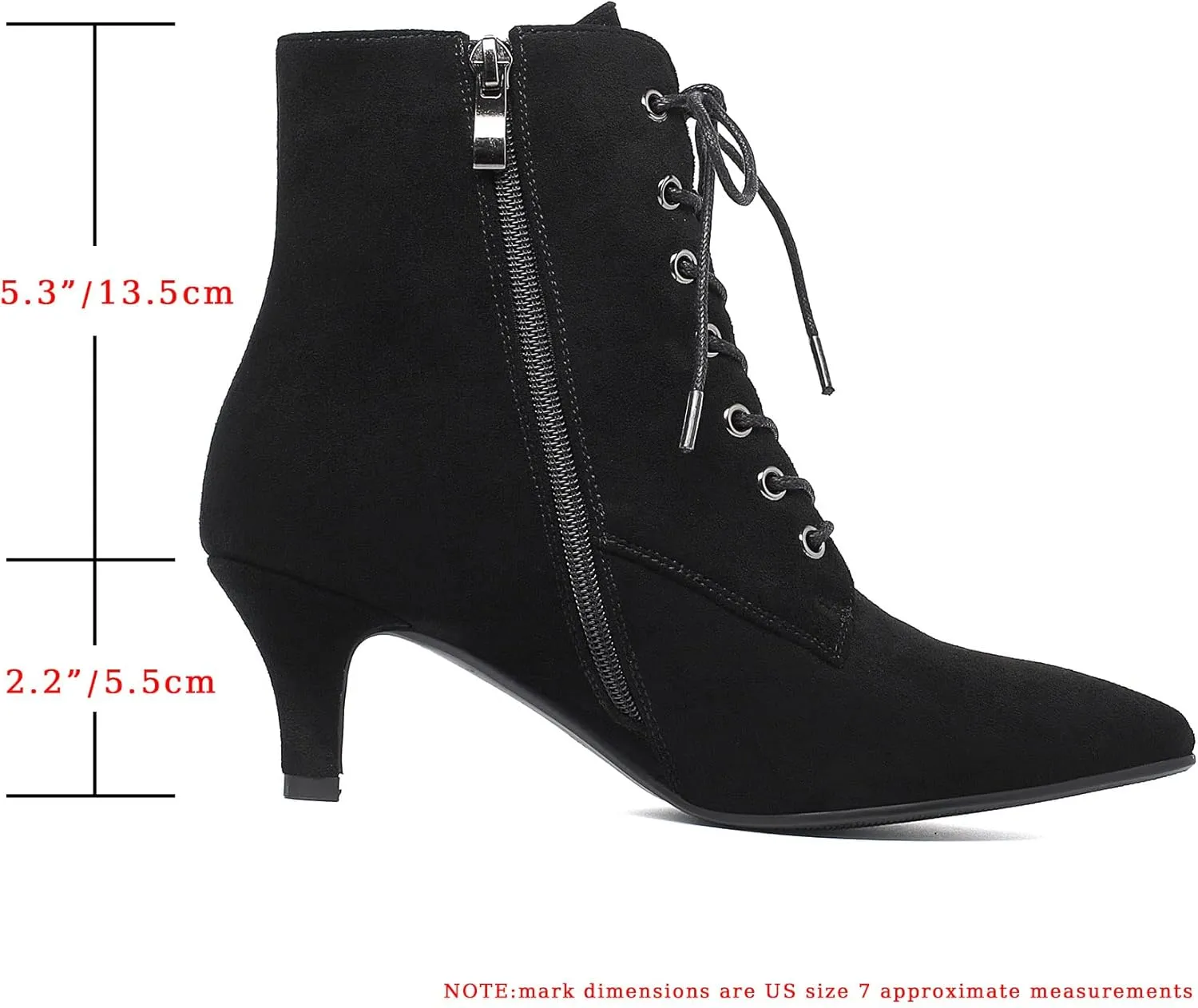 SEIFIN Women's Kitten Heels Lace Up Ankle Boots Low Mid Heeled Side Zipper Short Booties Pointed-toe Shoes