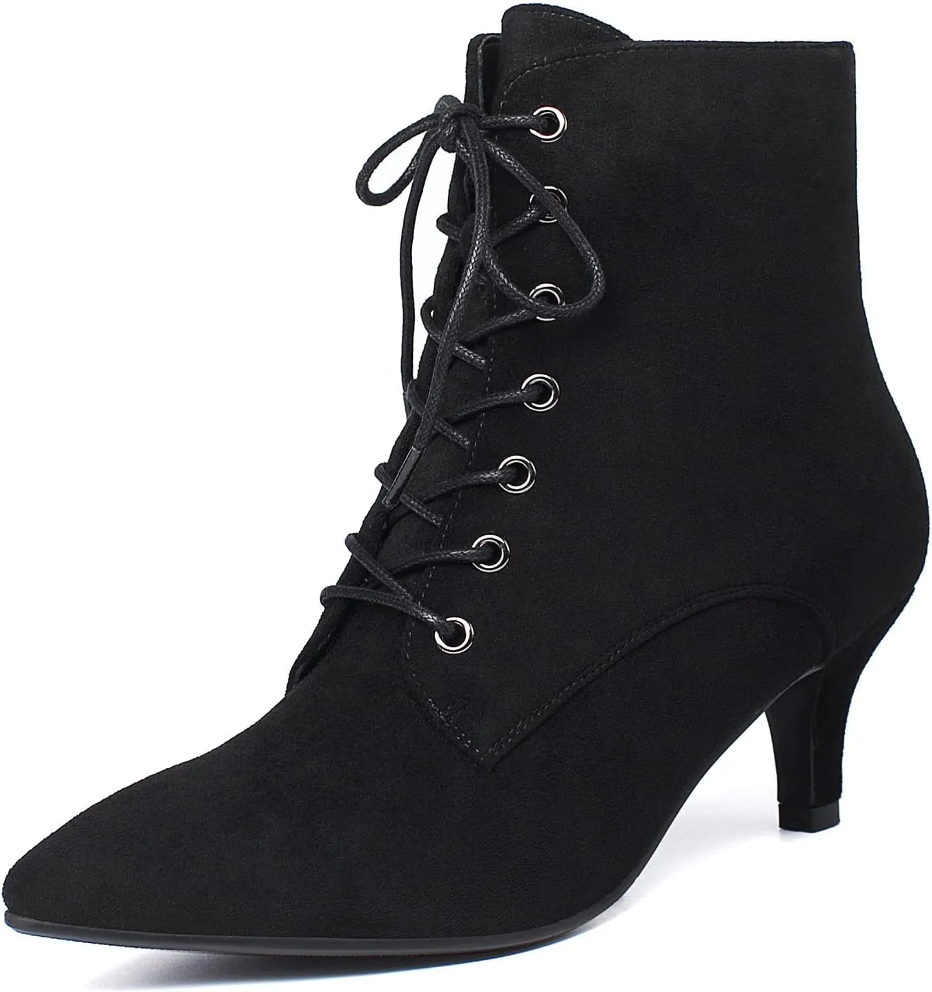 SEIFIN Women's Kitten Heels Lace Up Ankle Boots Low Mid Heeled Side Zipper Short Booties Pointed-toe Shoes