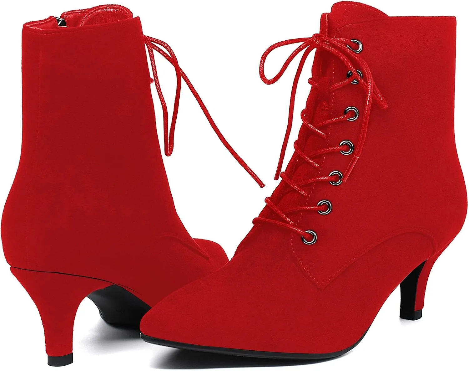 SEIFIN Women's Kitten Heels Lace Up Ankle Boots Low Mid Heeled Side Zipper Short Booties Pointed-toe Shoes