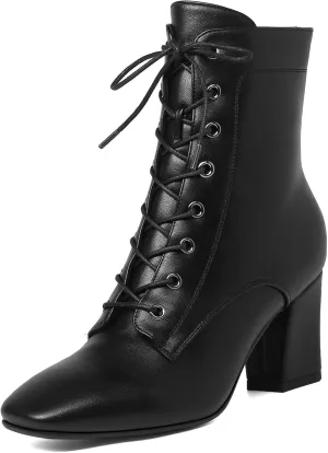 SEIFIN Women's Square Toe Chunky Heels Ankle Boots Block High Heeled Lace Up Short Booties Shoes