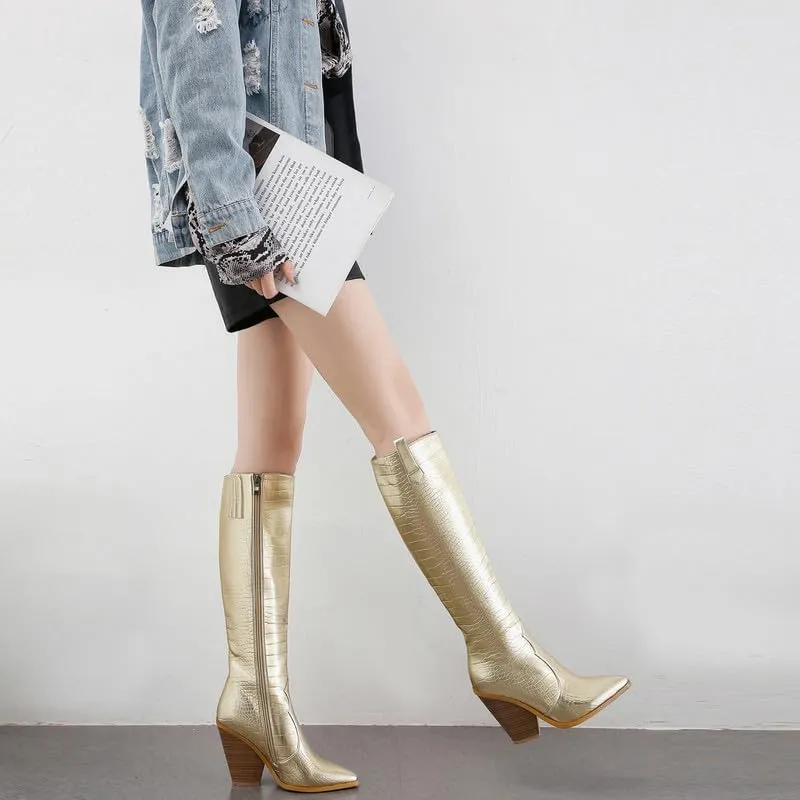 SEIFIN Women's Wedge Cowgirl Cowboy Western Boots Mid Calf Pointed Toe Stacked Chunky Heels Short Ankle Boot Shoes