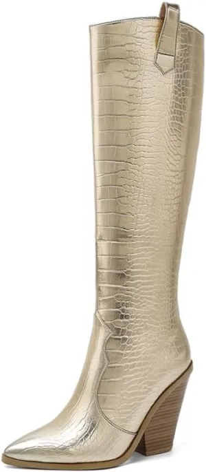 SEIFIN Women's Wedge Cowgirl Cowboy Western Boots Mid Calf Pointed Toe Stacked Chunky Heels Short Ankle Boot Shoes