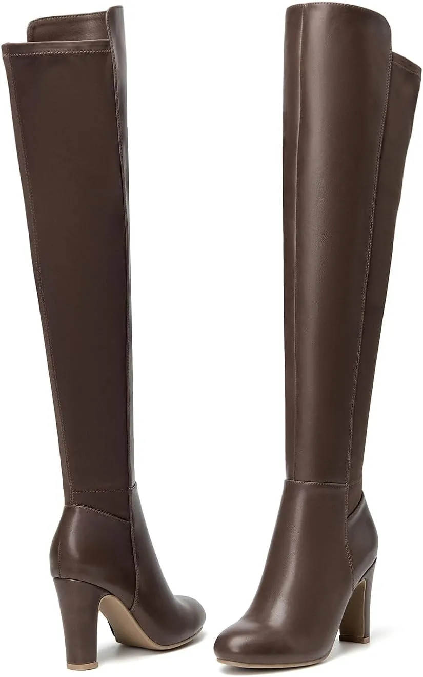 SelenePair Women's Over The Knee Boots Stretch Thigh High Block Mid Heel Boot Fashion Side Zip Winter Boots