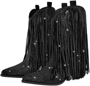 sexytag Fringe Boots Rhinestone Cowgirl Cowboy Boots for Women Wide Calf Tassal Western Ankle Short Booties