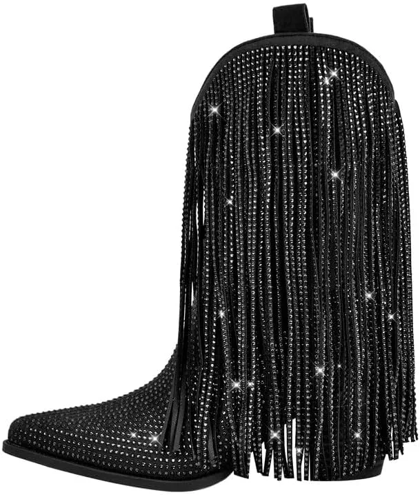 sexytag Fringe Boots Rhinestone Cowgirl Cowboy Boots for Women Wide Calf Tassal Western Ankle Short Booties